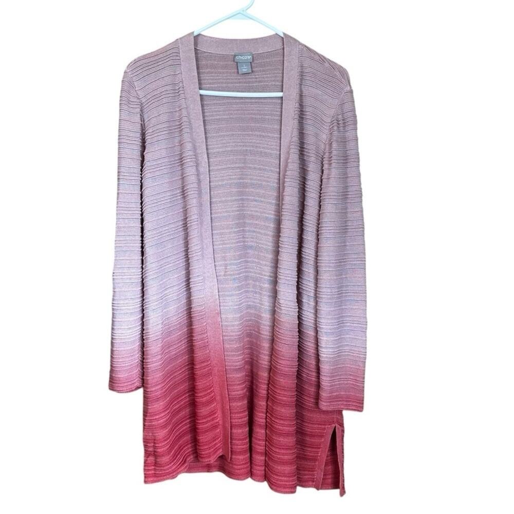 Chicos Women’s Soft Knit Longline Cardigan Pink Ombre Long Sleeve Size 2 / L